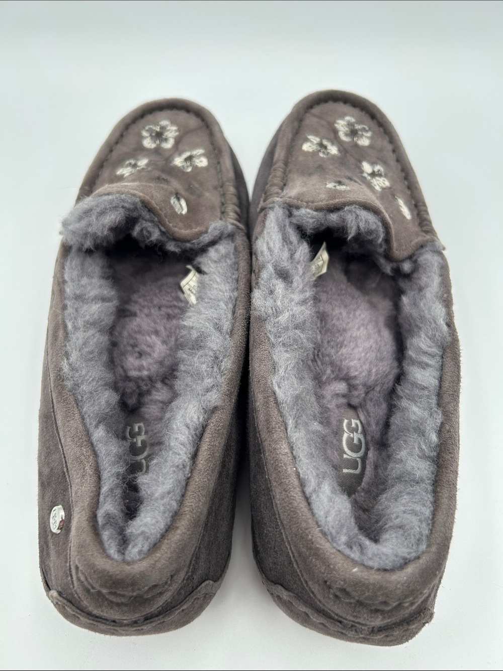 UGG Ansley Blossom Gray Suede Moccasin Slippers with Plush Shearling Lining - Picture 6 of 16